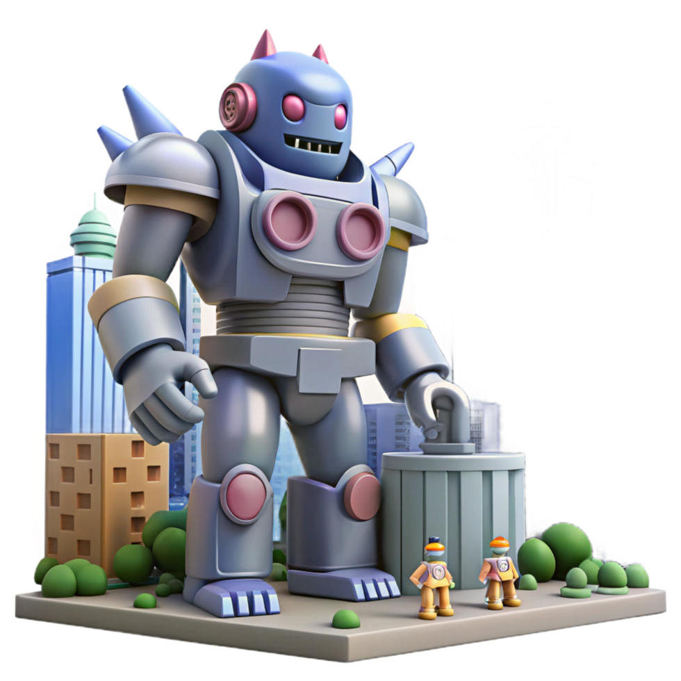 Giant Robot in Cityscape 3D Illustration A Futuristic Urban Scene with a Massive Mechanical Being and Miniature Workers png