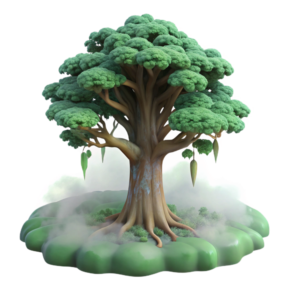 Enchanted 3D Render of a Mystical Tree Illustration Lush Green Foliage Giant Trunk Foggy Base Fantasy Nature Scene Digital Art png