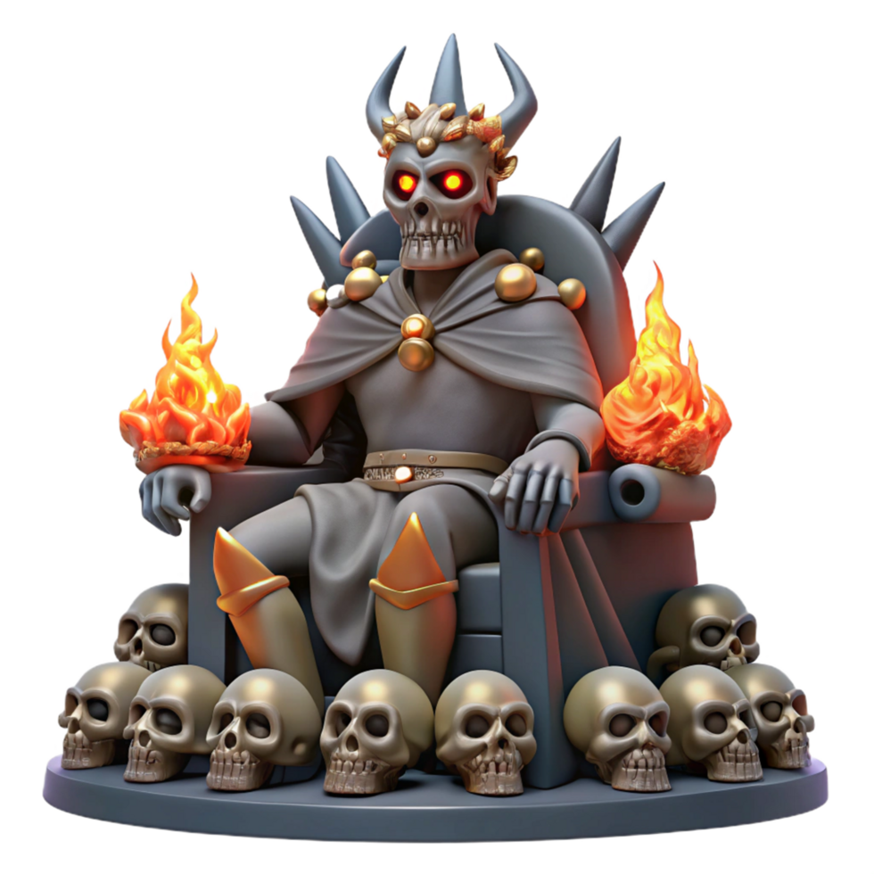 3D Render of a Skeletal King on a Throne of Skulls with Fire png