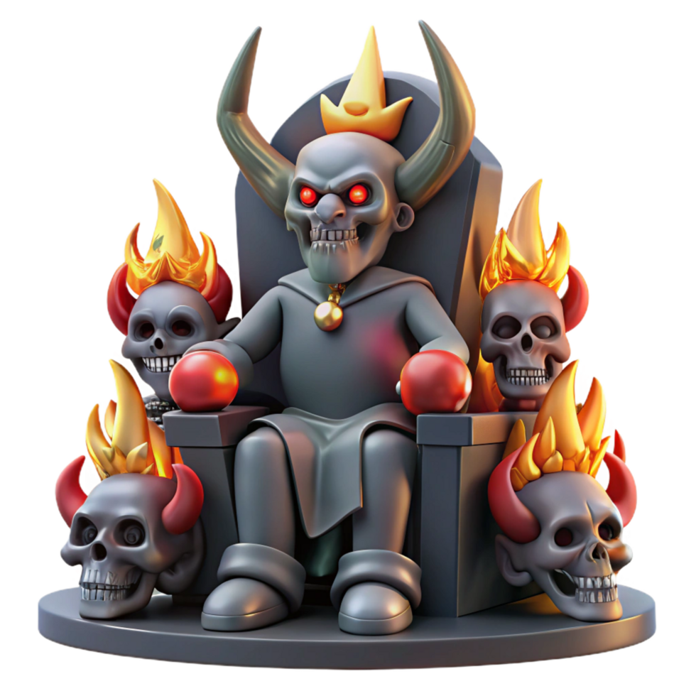 Infernal King on Flaming Throne 3D Render of a Skeletal Figure with Horns and Crown png