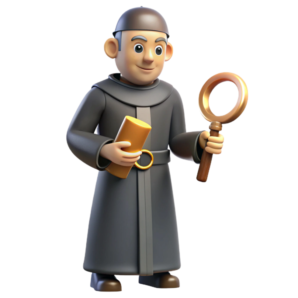 3D Monk with Scroll and Magnifying Glass Illustration png
