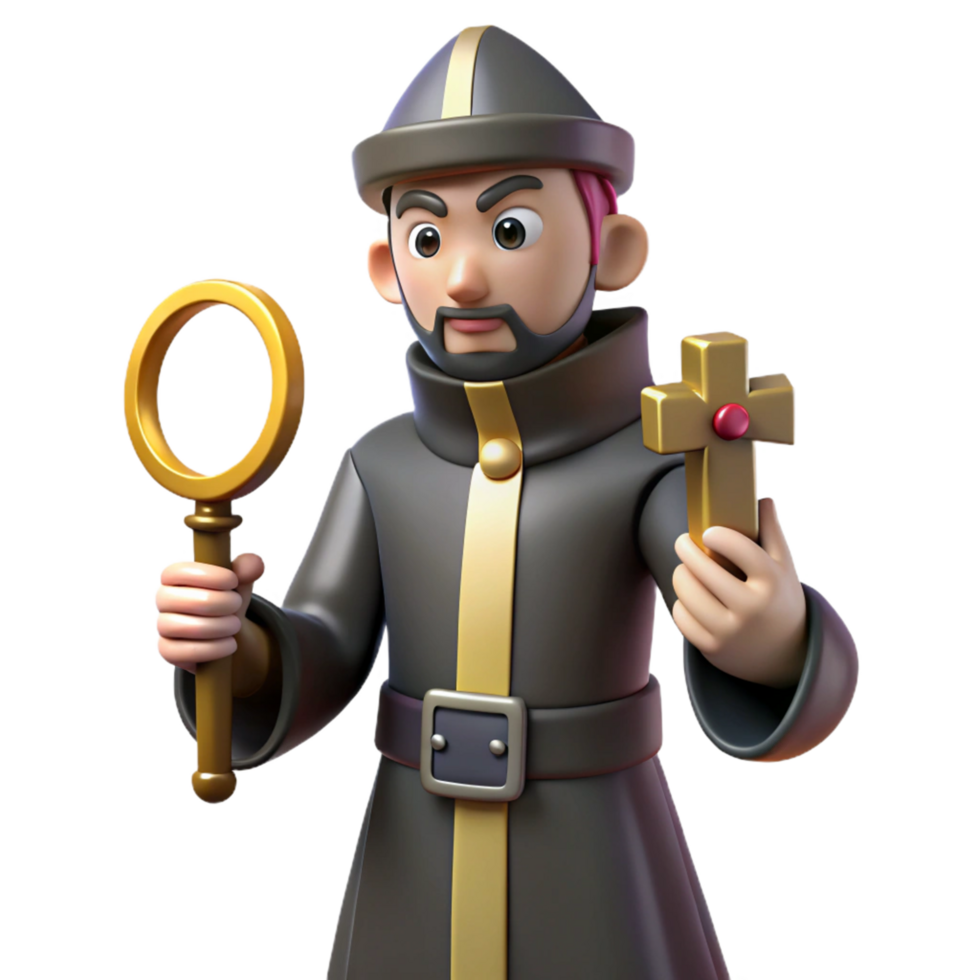 3D Render of a Cartoon Religious Figure Holding a Magnifying Glass and a Cross png