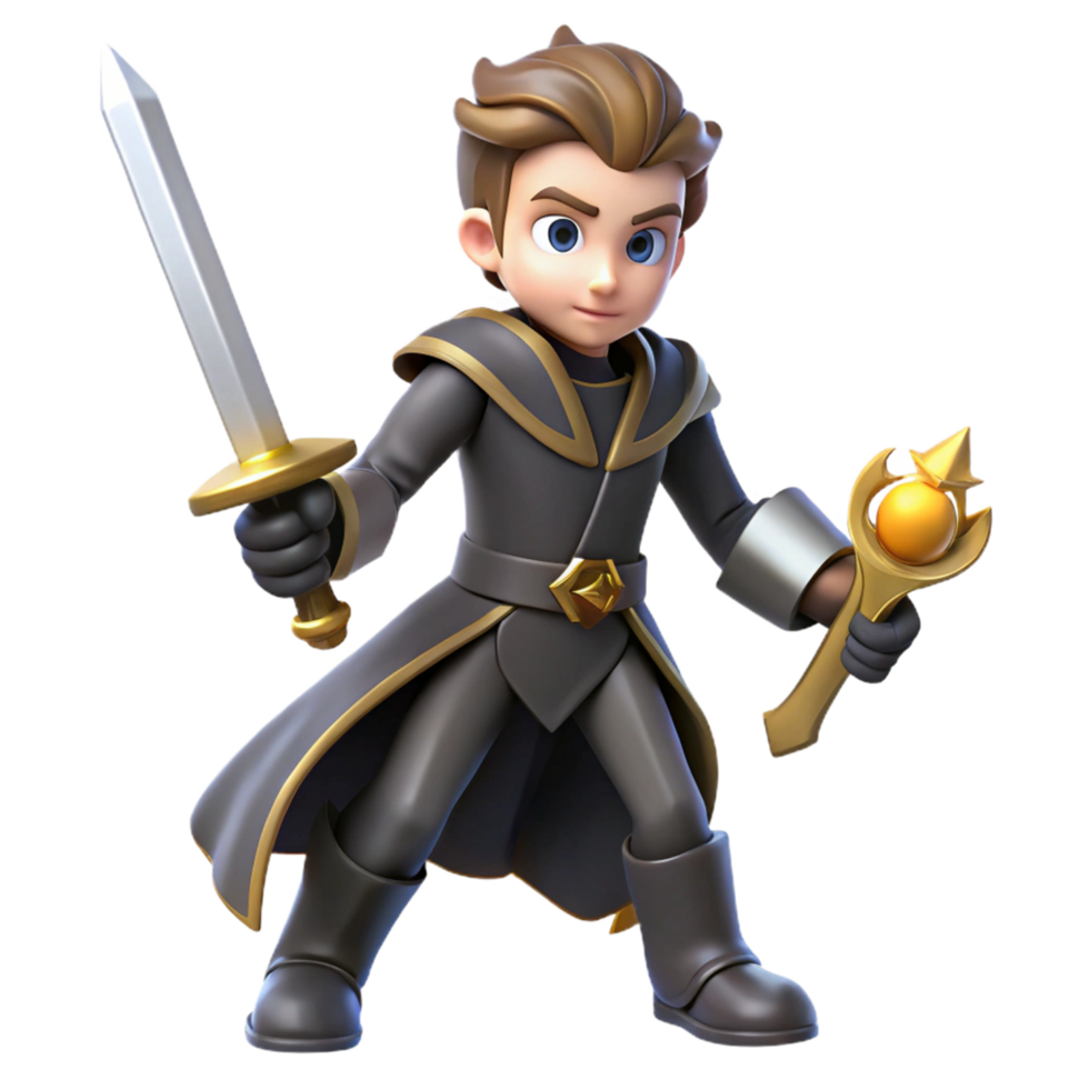 3D Render Young Mage Fantasy Character Illustration Sword and Scepter Powerful Magical Boy Dark Robe and Golden Accents png