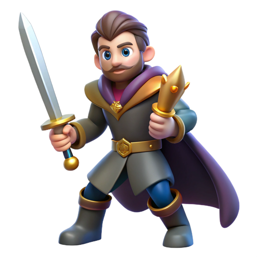 3D Render of a Cartoon Medieval King with Sword and Scepter png