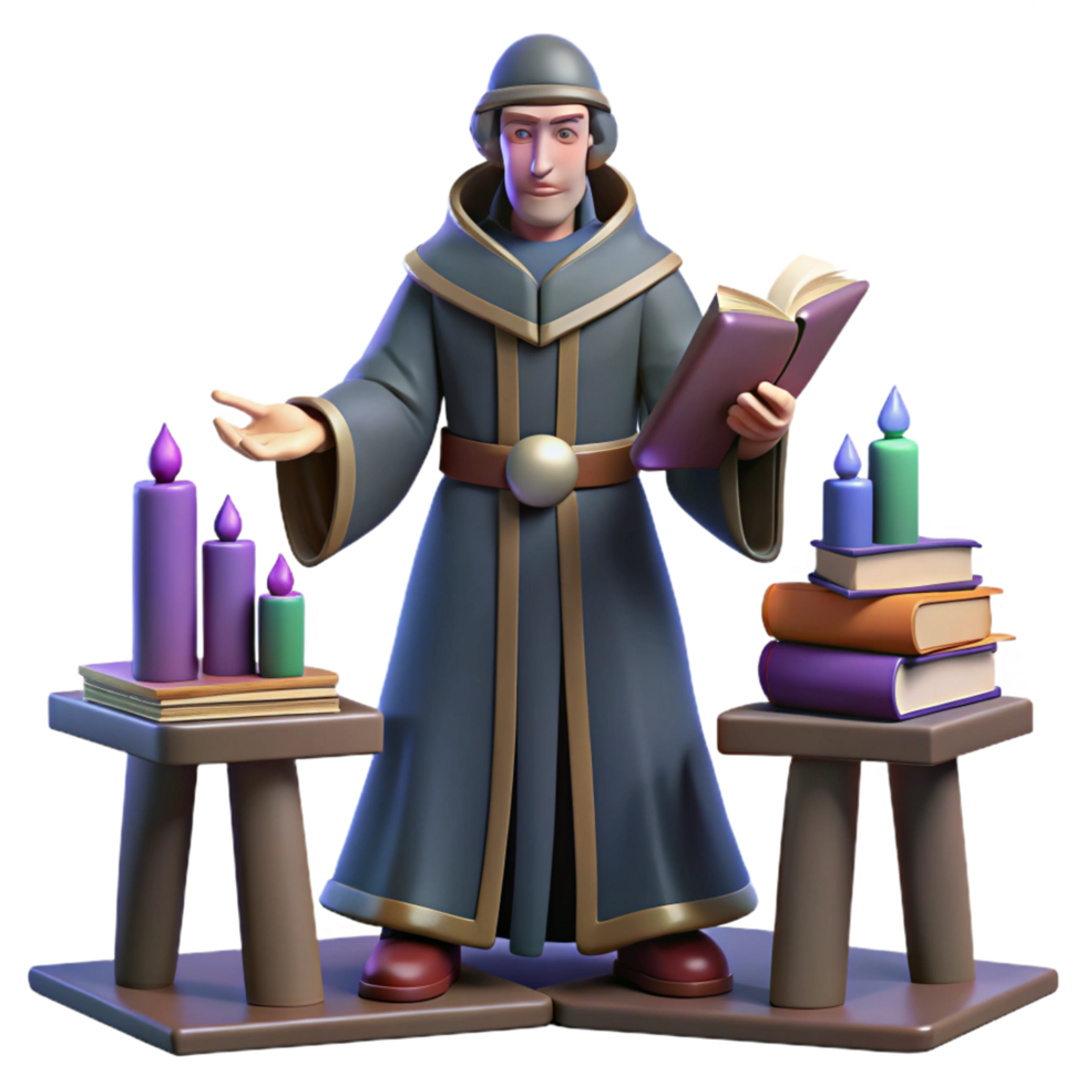 3D Render Wizard with Books and Candles png