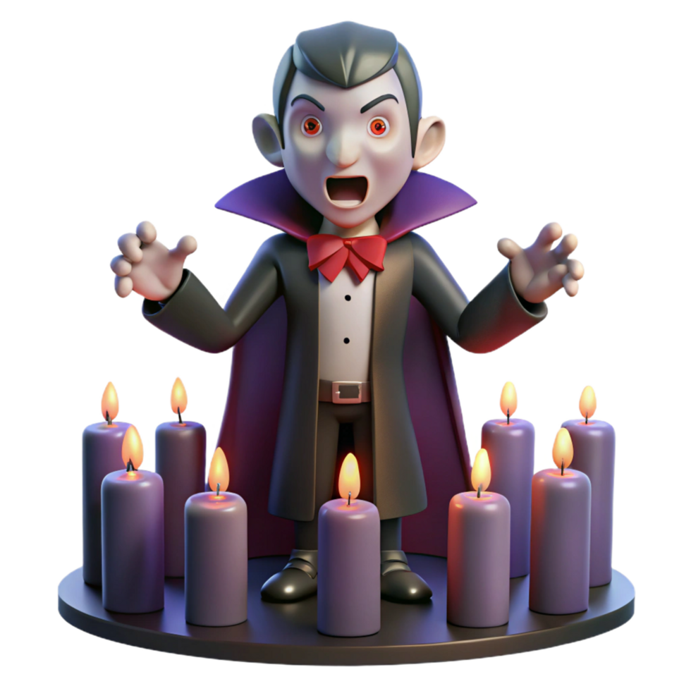 3D Render Cartoon Vampire Halloween Illustration Surrounded by Lit Candles png