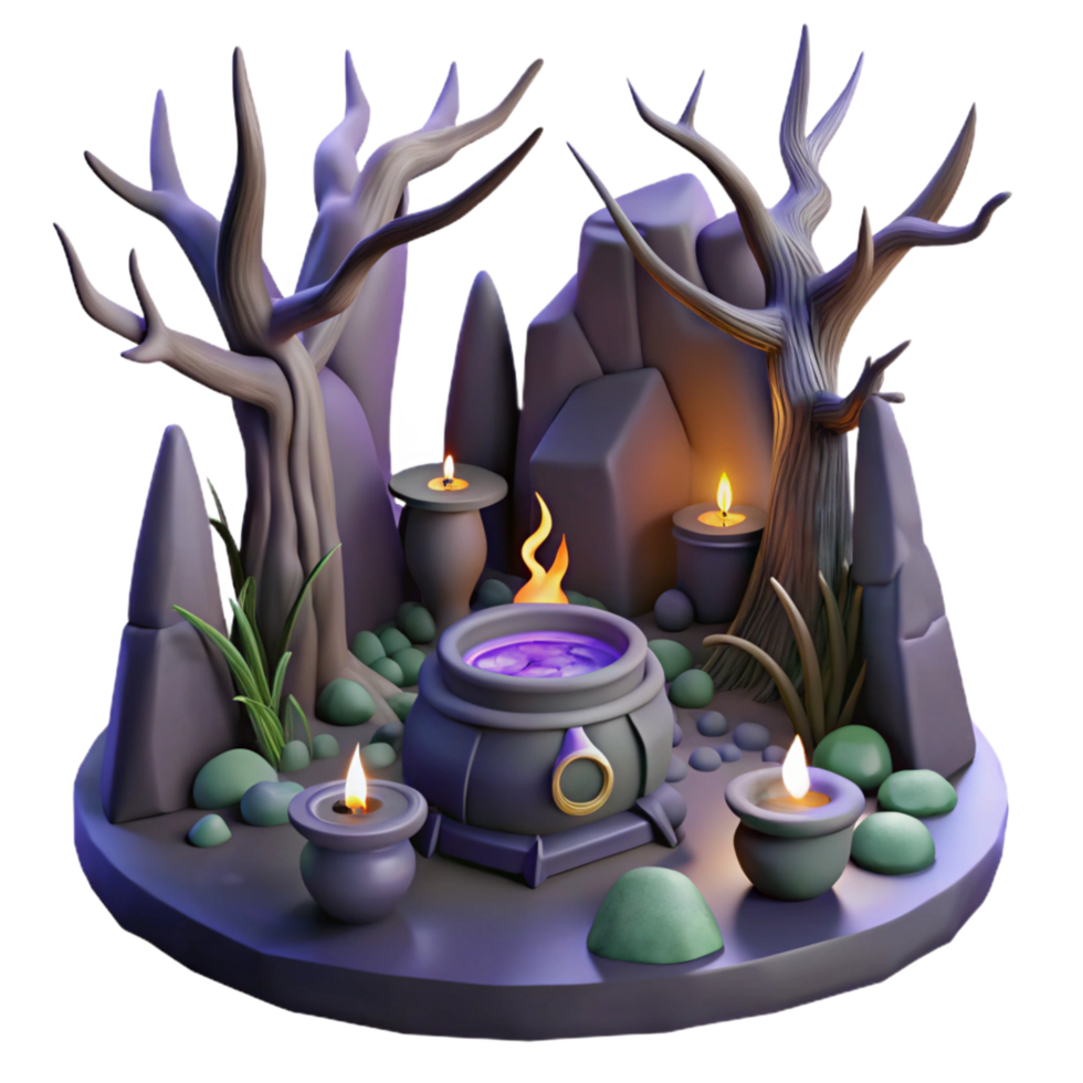 Enchanted Forest Cauldron 3D Render A Mystical Night Scene with Glowing Candles and Twisted Trees png