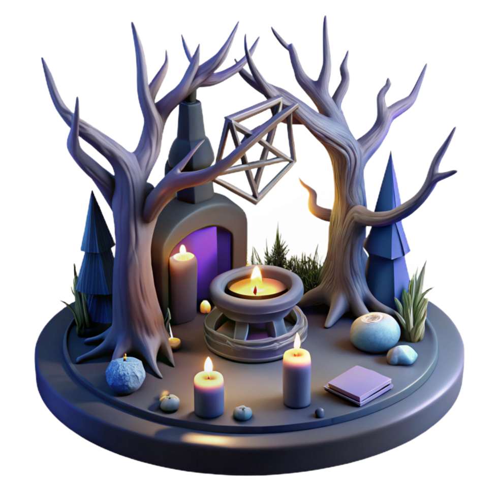 3D Mystical Forest Scene with Candles png