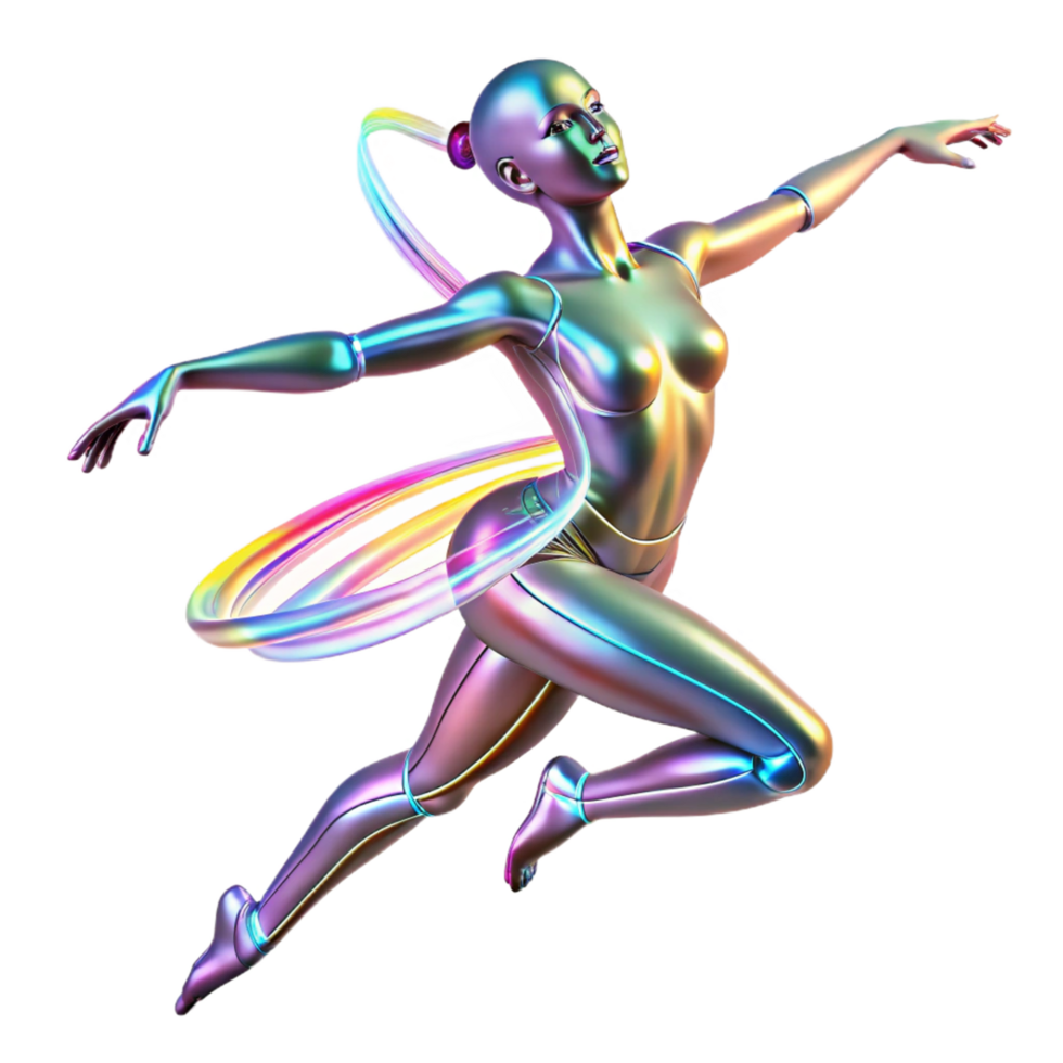 Dynamic 3D Render of a Metallic Robot Ballerina Gracefully Leaping with Rainbow Hula Hoop An Iridescent Futuristic Figure in Motion png