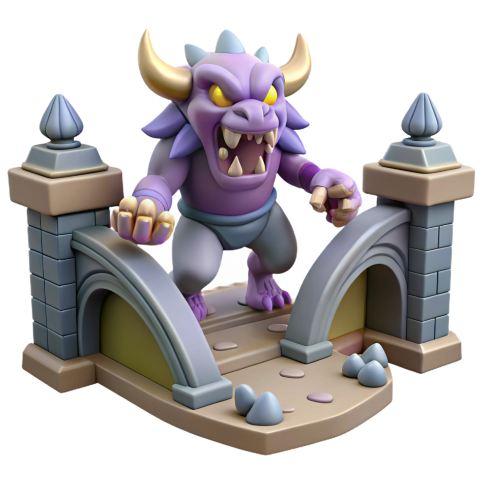3D Render of Cartoon Monster on a Stone Bridge Illustration png