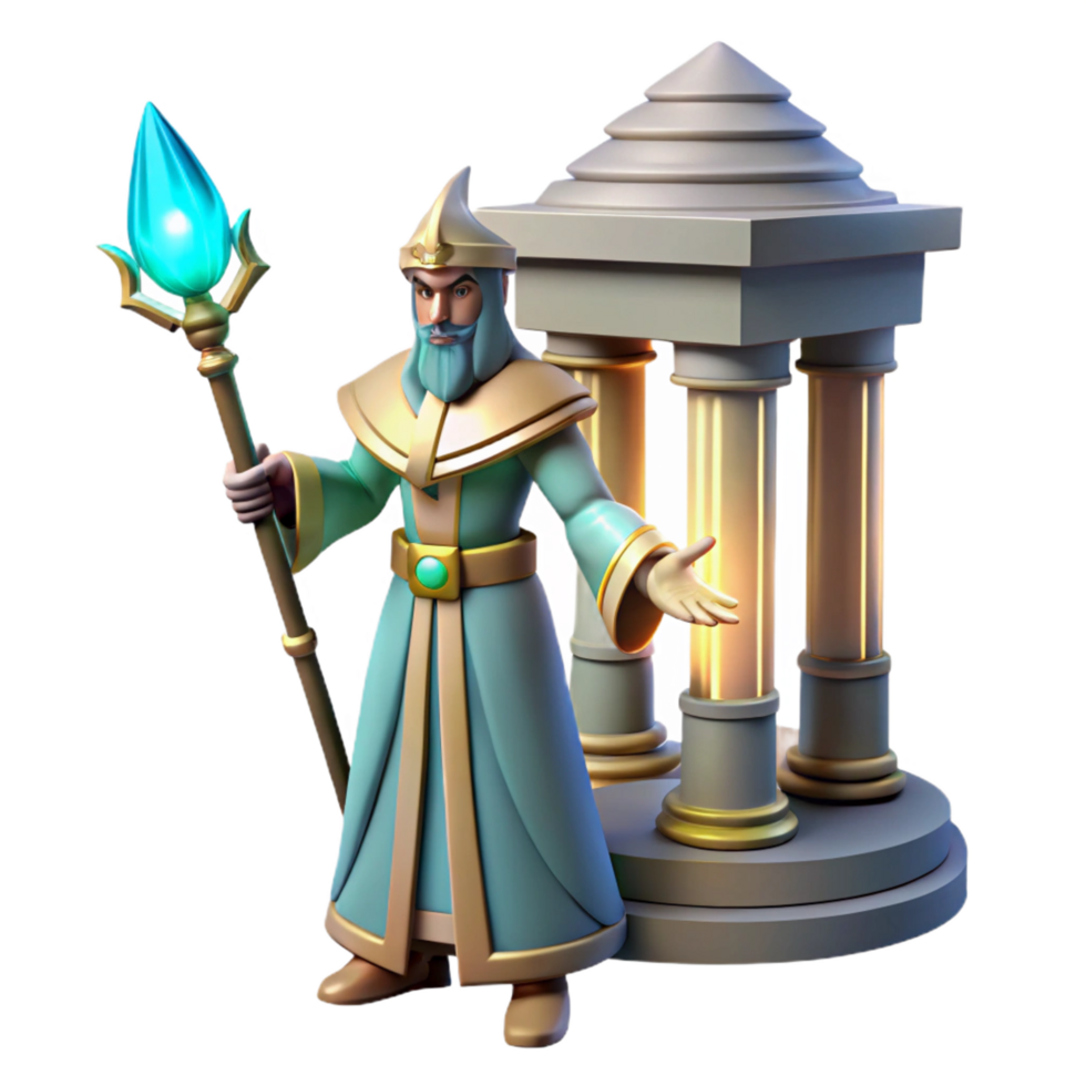 3D Render of a Wise Wizard with Staff near Temple png