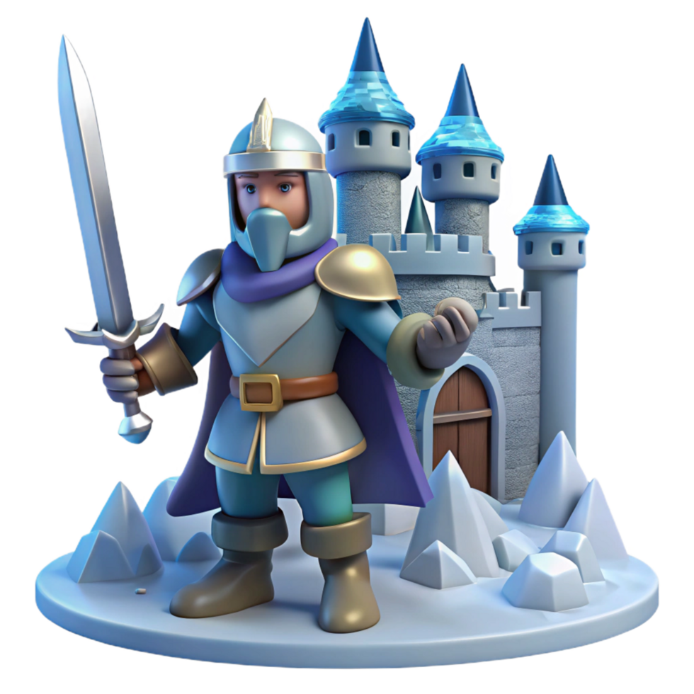 3D Render of a Royal Knight with Sword near a Castle on Icy Terrain png