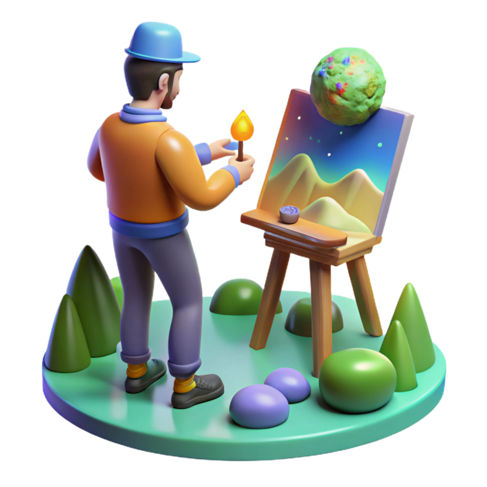 3D Illustration of an Artist Painting a Landscape on an Easel with Colorful Elements png