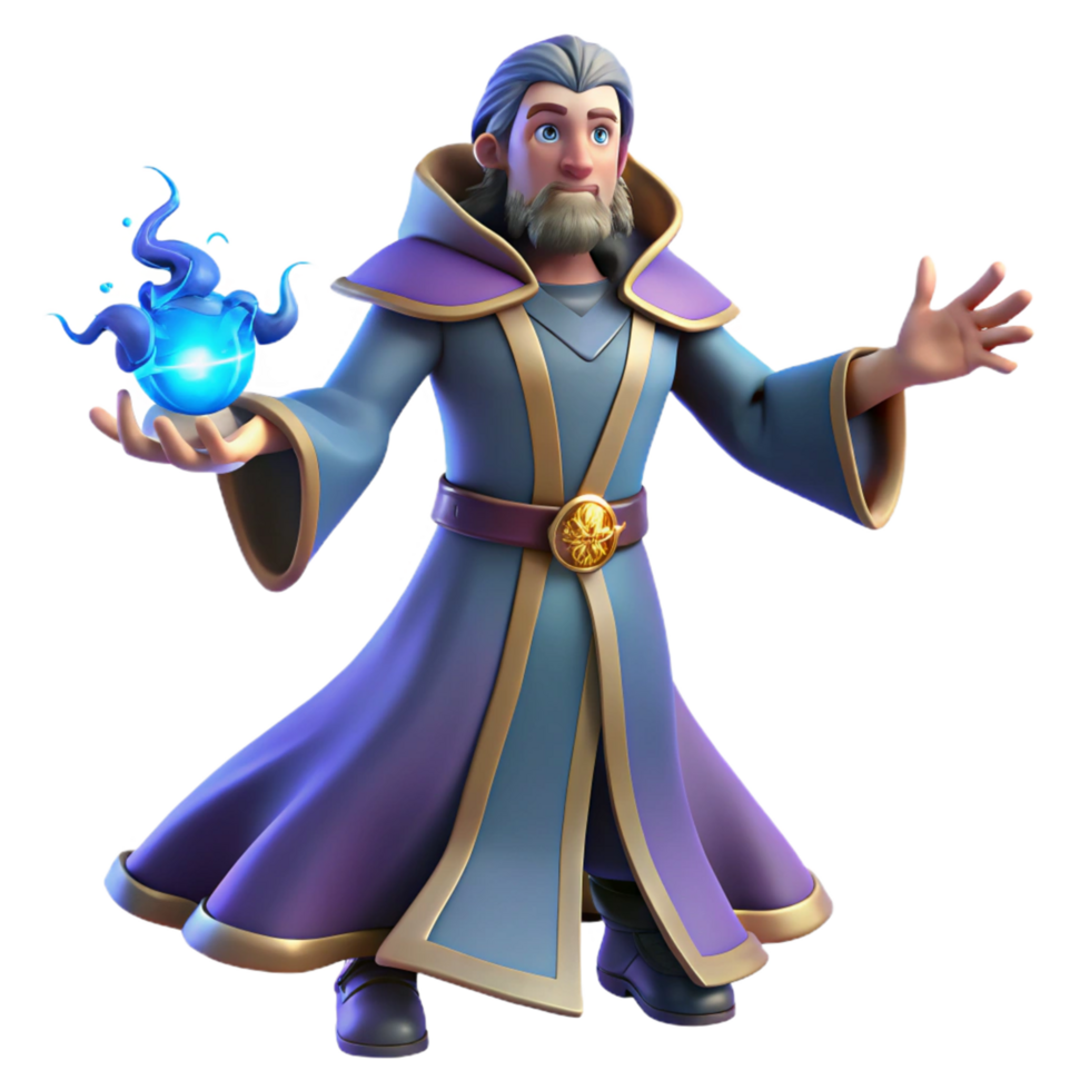 3D Render of a Fantasy Wizard Character Illustration Featuring a Majestic Robe and Magical Orb png