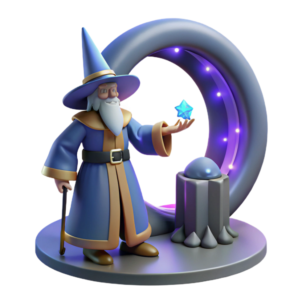 3D Render of a Cartoon Wizard with a Blue Robe Holding a Star Gem Near a Magical Portal png