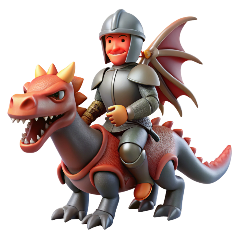 3D Illustration of a Cartoon Knight Riding a Dragon Fantasy Creature png