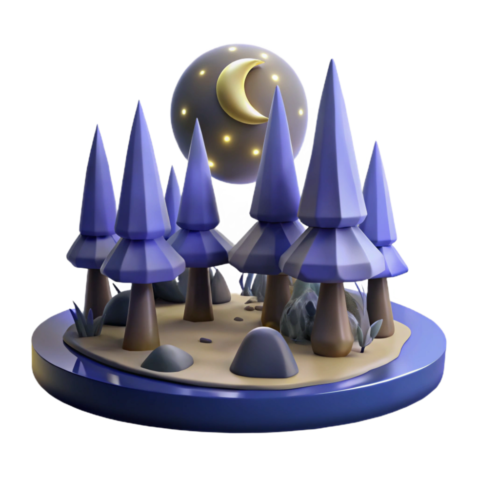 Night Forest Scene 3D Render of Stylized Trees under Crescent Moon png