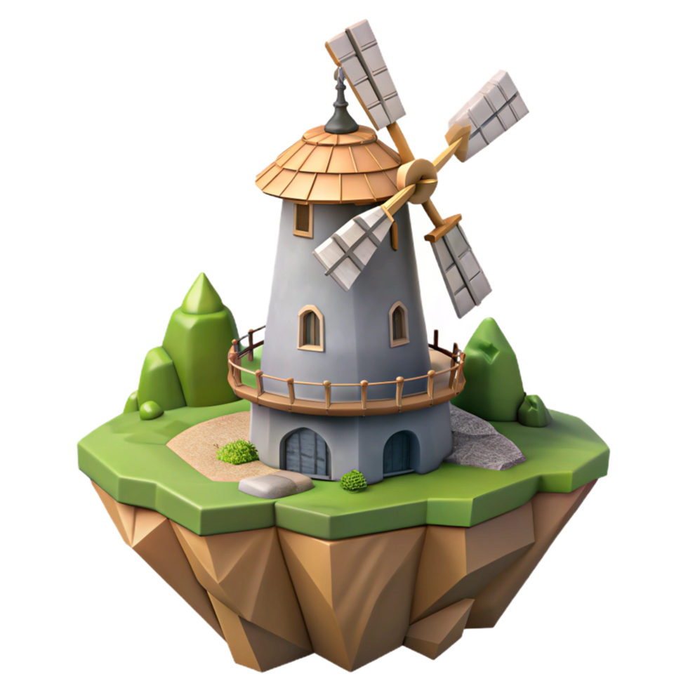 3D Render of a Charming Windmill on a Floating Island Game Asset png