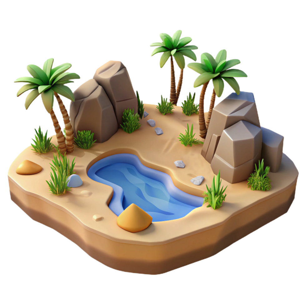 Oasis 3D Render Palm Trees Rocks Water png