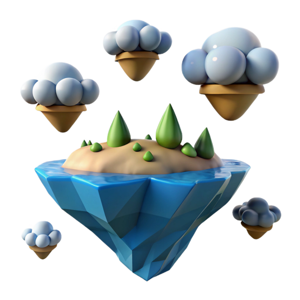 3D Cartoon Island with Floating Clouds png