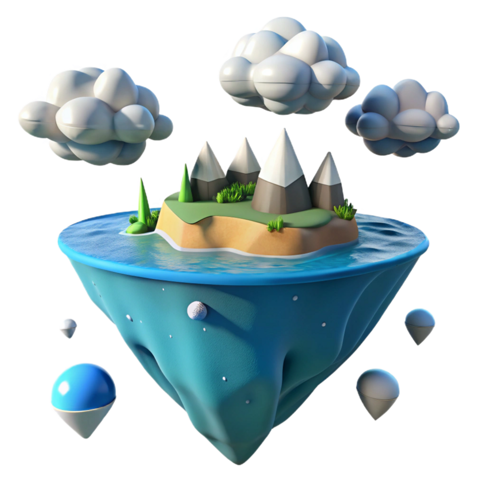 Enchanted 3D Island Illustration Floating Mountains Clouds Ocean Scene png