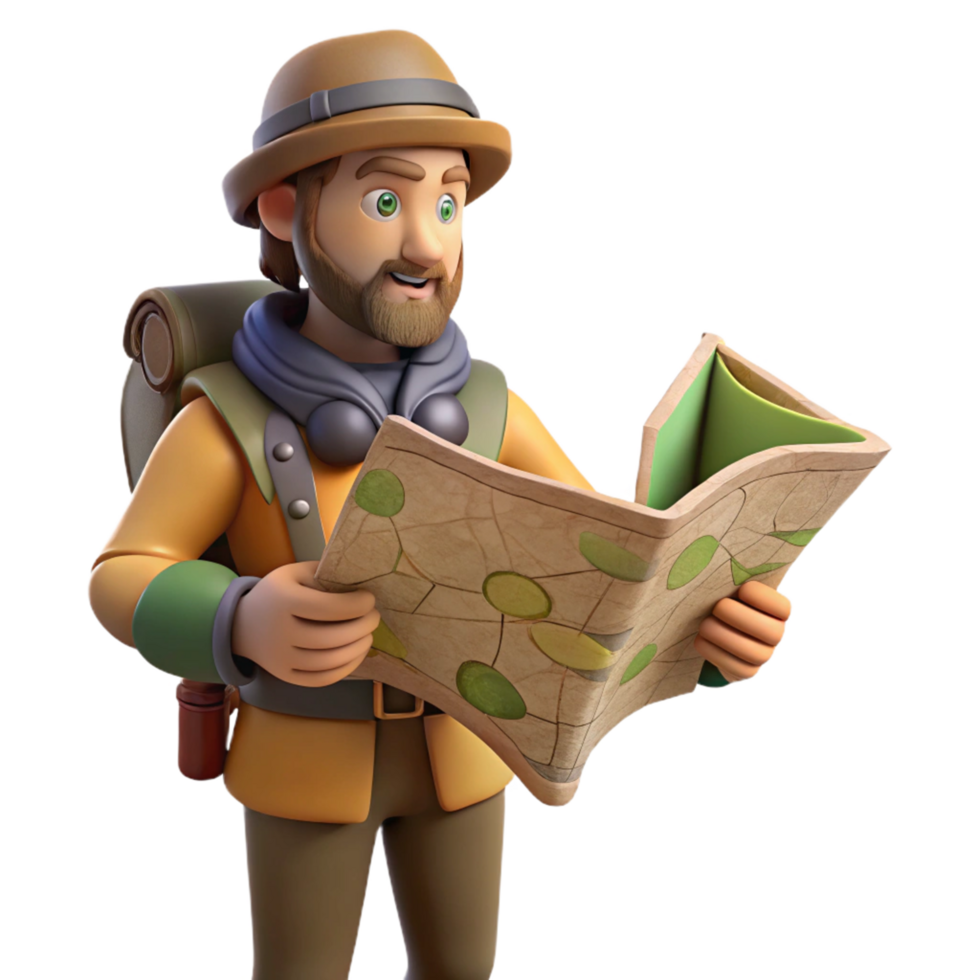 3D Illustration of Adventurer Exploring with Map png
