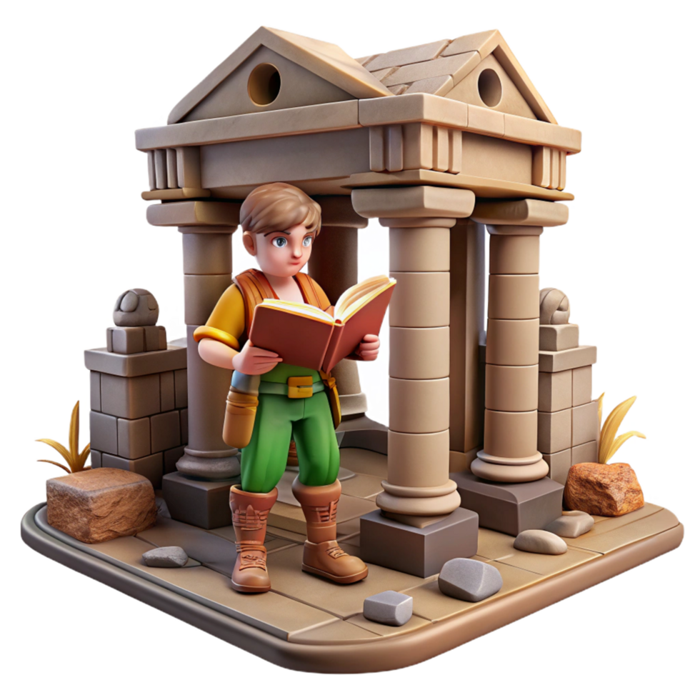 3D Render Boy Reading Book Ancient Ruins png