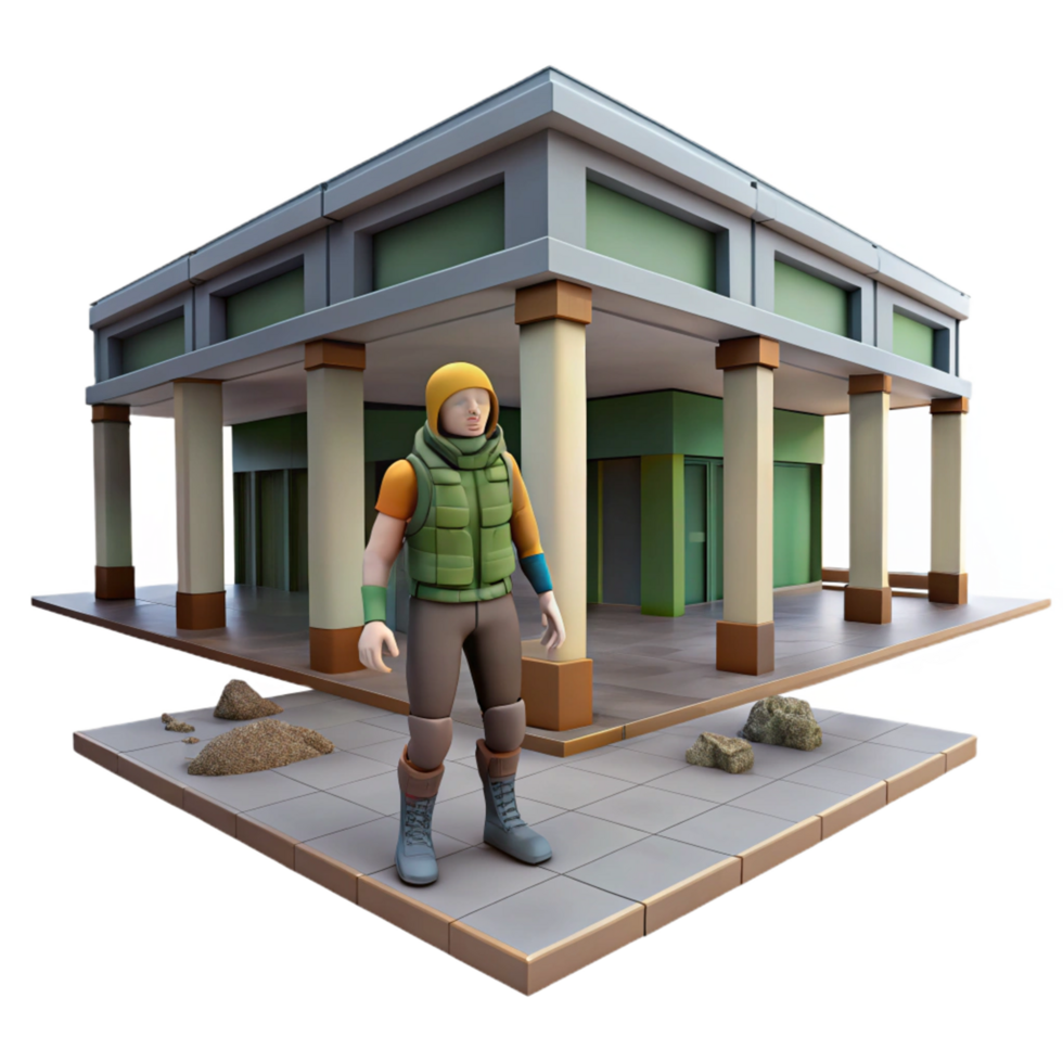 3D Render of a Person in Protective Gear Standing Outside a Building png