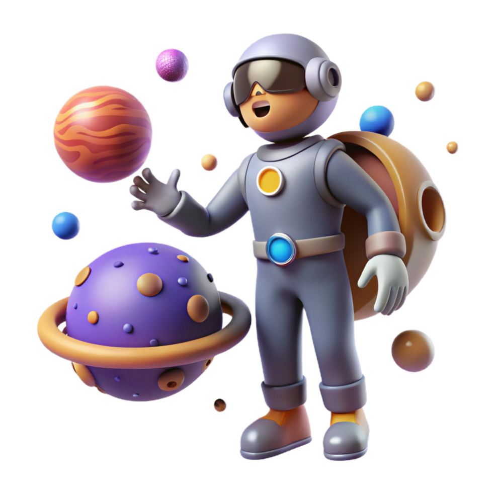 3D Illustration of a Cute Astronaut Juggling Planets in Space png
