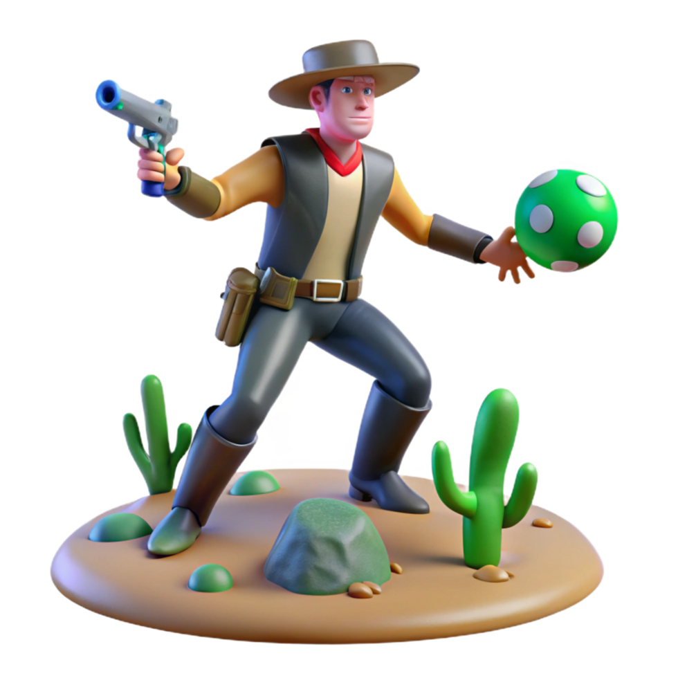 3D Render of Cowboy with Gun and Orb in Desert png