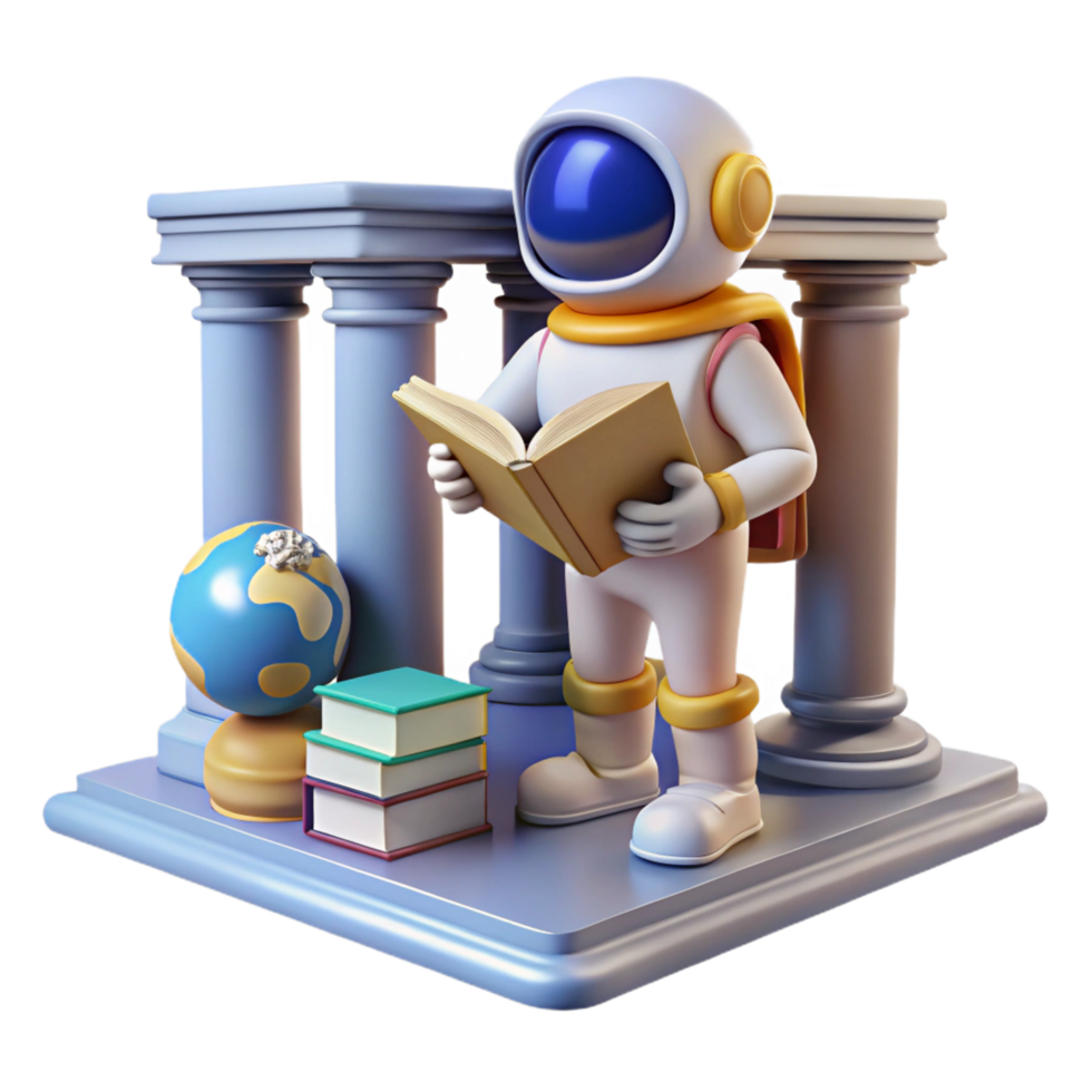 3D Render Astronaut Reading Book Amidst Classical Columns and Books Illustration png