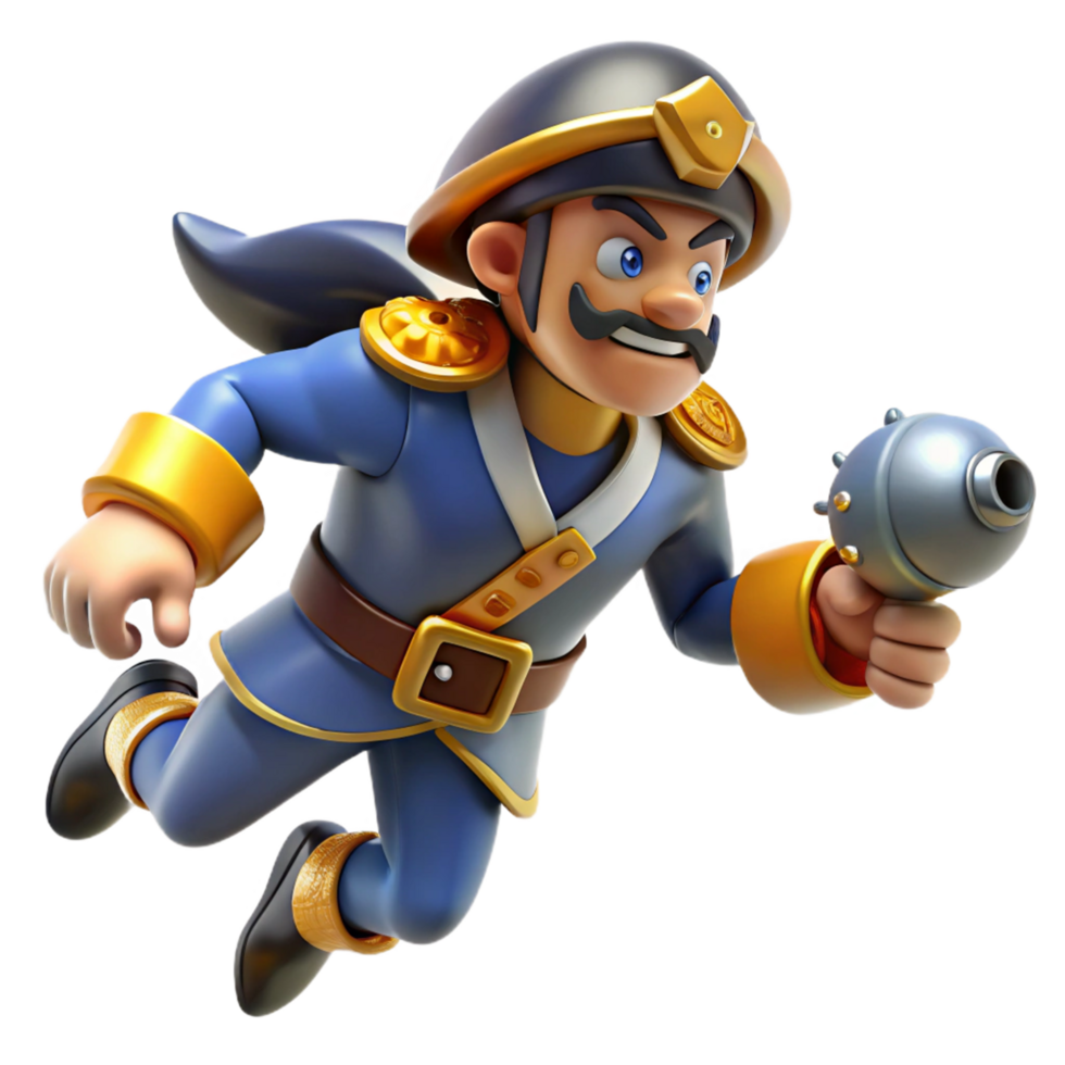 3D Illustration of a Cartoon Soldier in Blue Uniform Leaping Forward with Weapon png