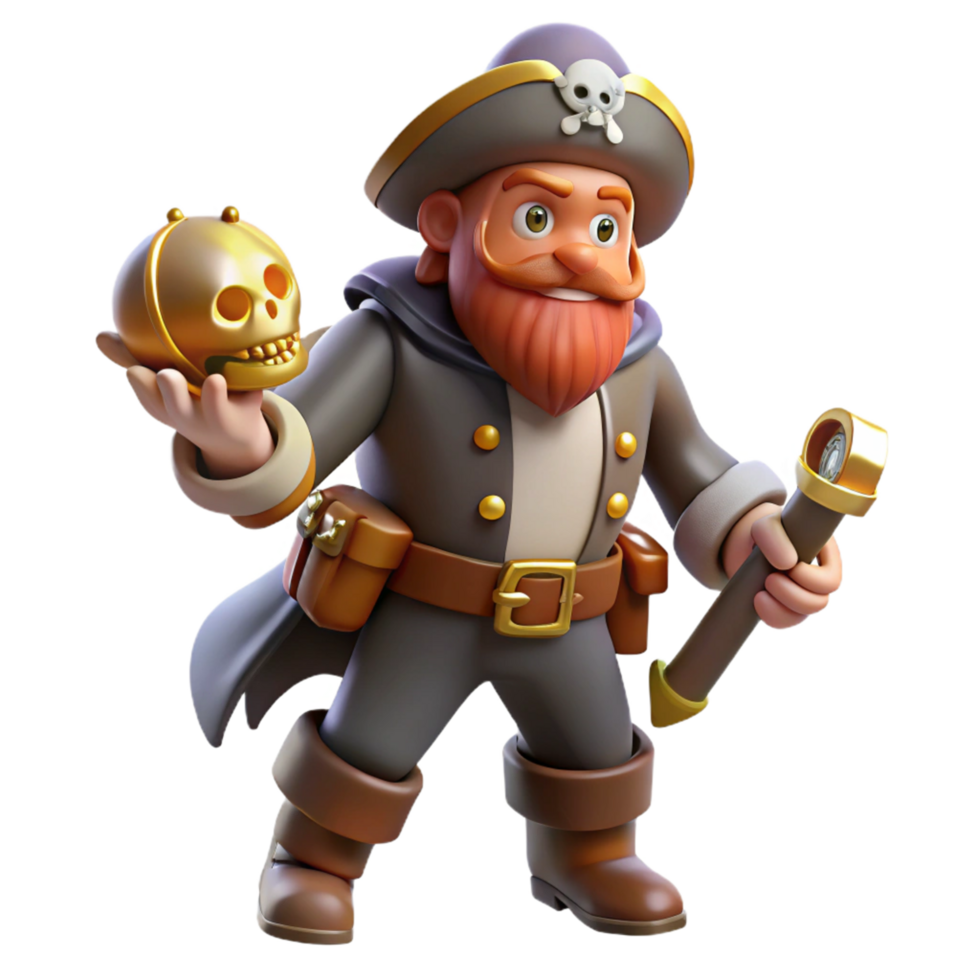 A Jolly 3D Cartoon Pirate Illustration Holding Gold Skull and Spyglass png
