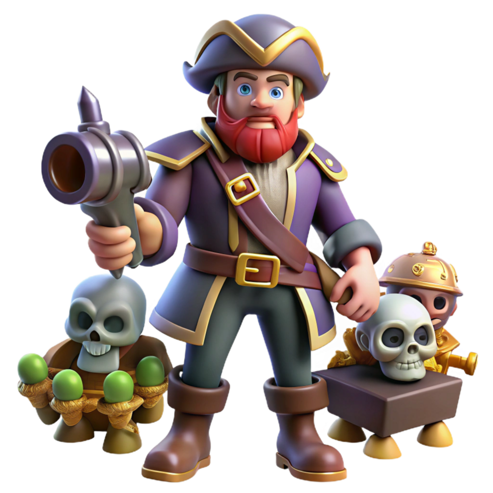 3D Cartoon Pirate Captain with Skulls and Cannon png