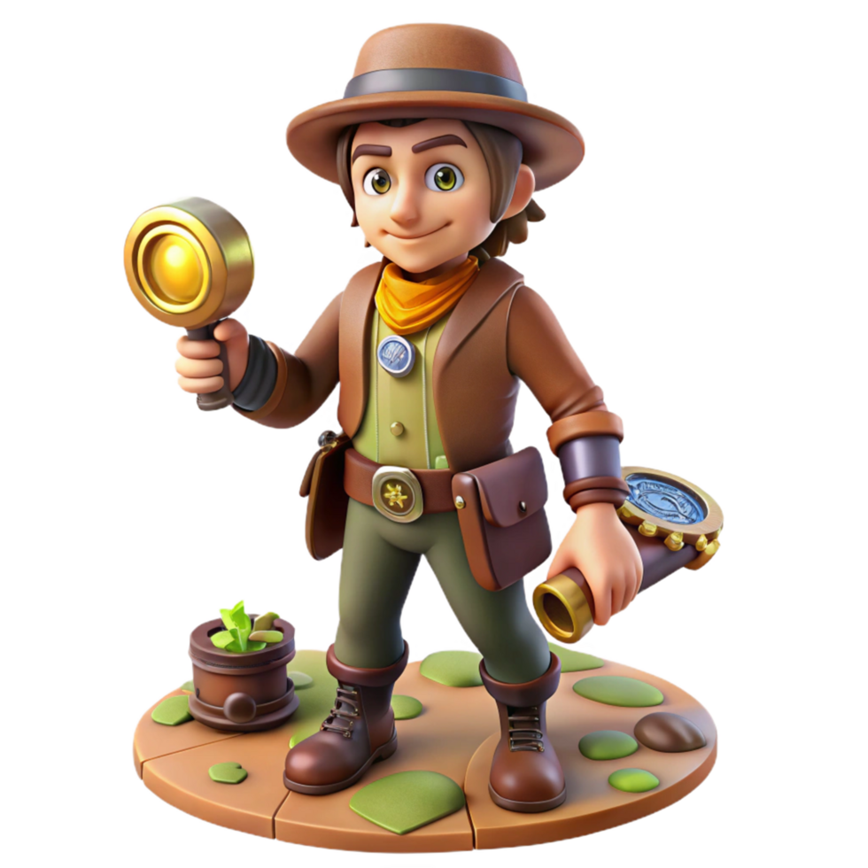 3D Render of Adventurous Explorer with Magnifying Glass and Compass png