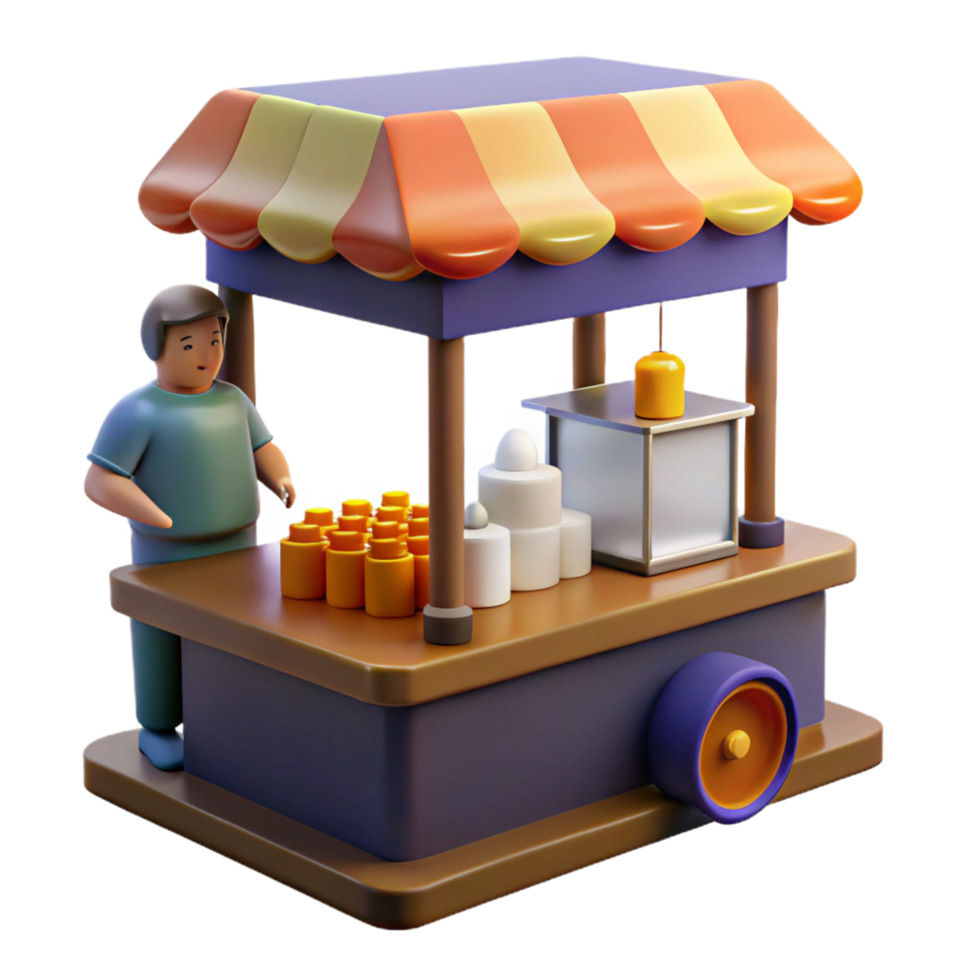 3D Render of a Colorful Street Food Cart Illustration Awaiting Customers png