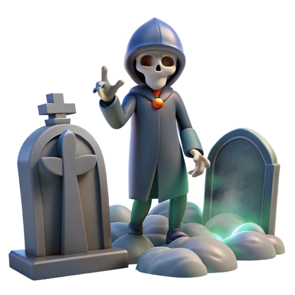 3D Render of a Cartoon Skeleton in a Hooded Robe Standing Near Tombstones Halloween Illustration png
