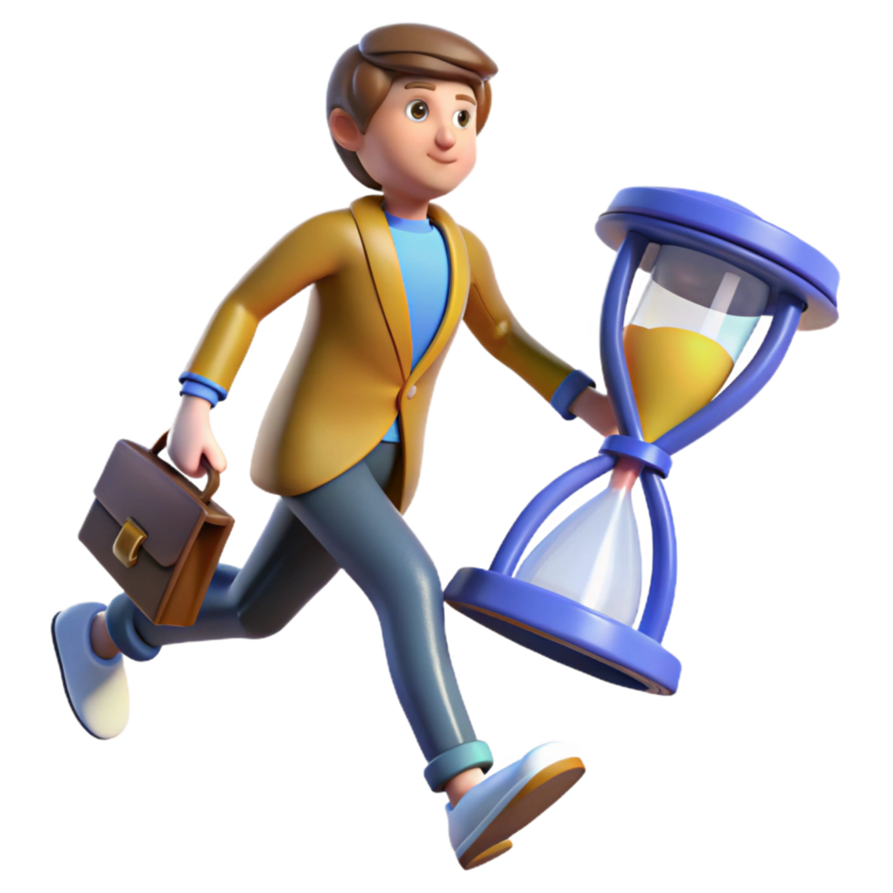 3D Cartoon Character Running with Hourglass and Briefcase Time Management Concept png