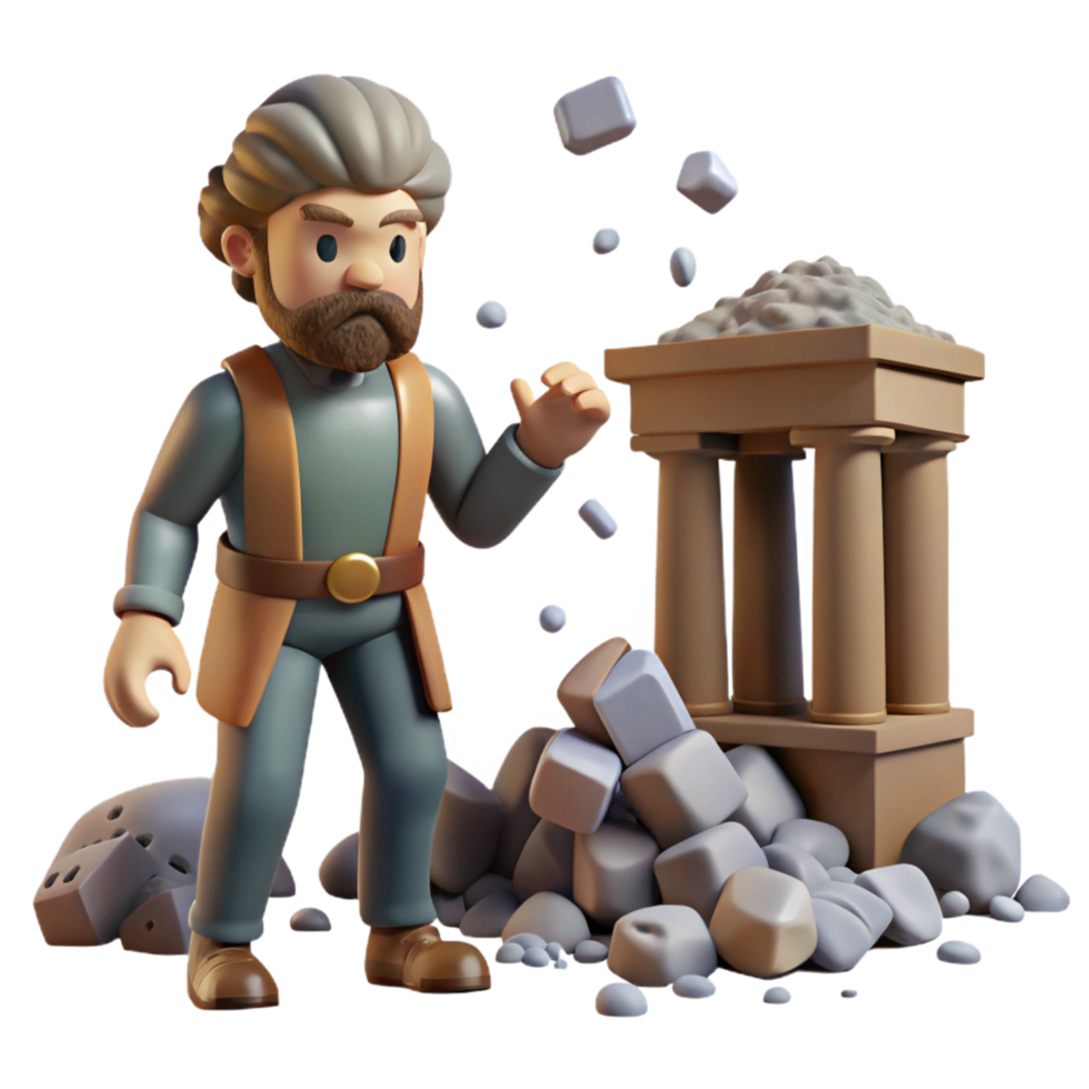 3D Illustration Stone Mason Destroying Ancient Ruins Architecture Demolition Grey Haired Man Ancient Structure Stone Blocks Falling Debris Detailed Rendering Cartoon Style 3D Model Digital Art png