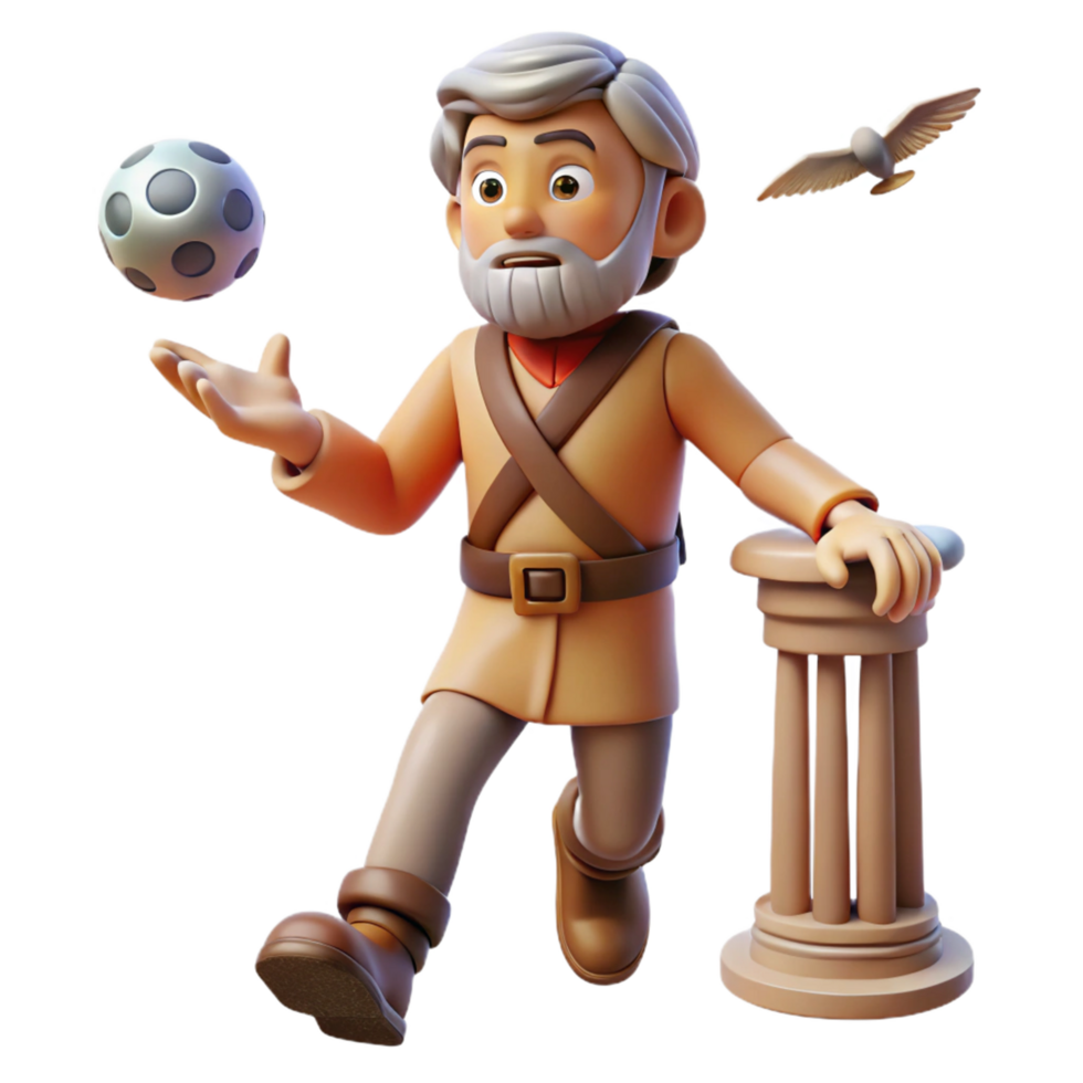 3D Cartoon Illustration of a Walking Elder Juggling a Ball Near a Column with a Bird Flying Overhead png