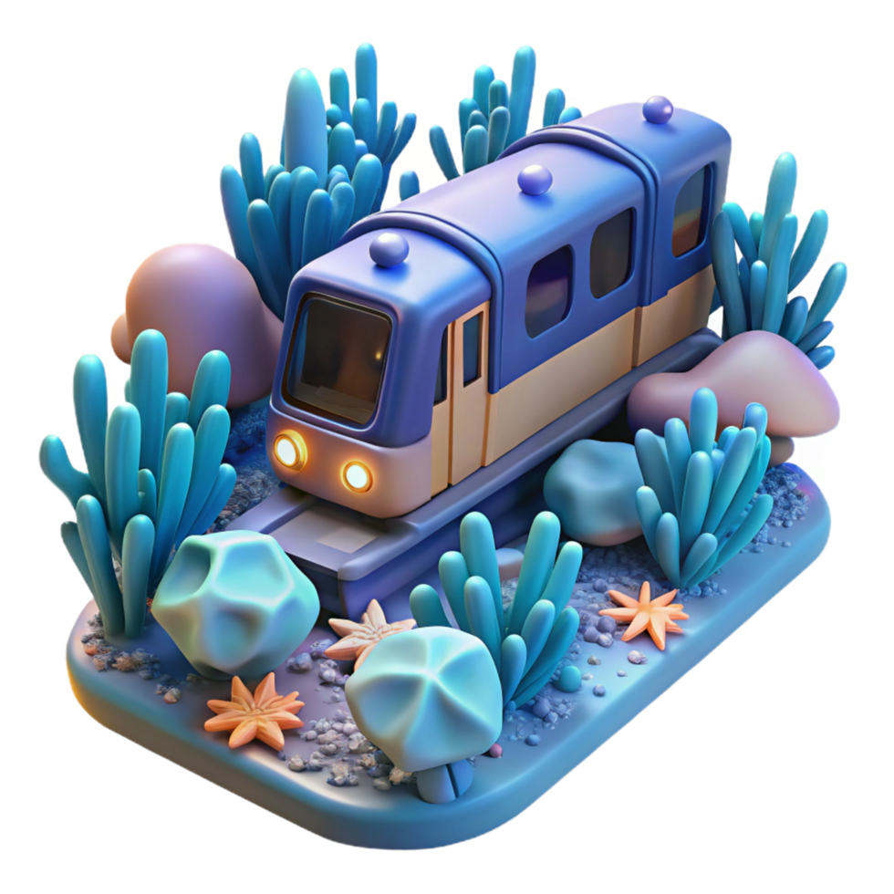 3D Render Cartoon Train in Underwater Scene png