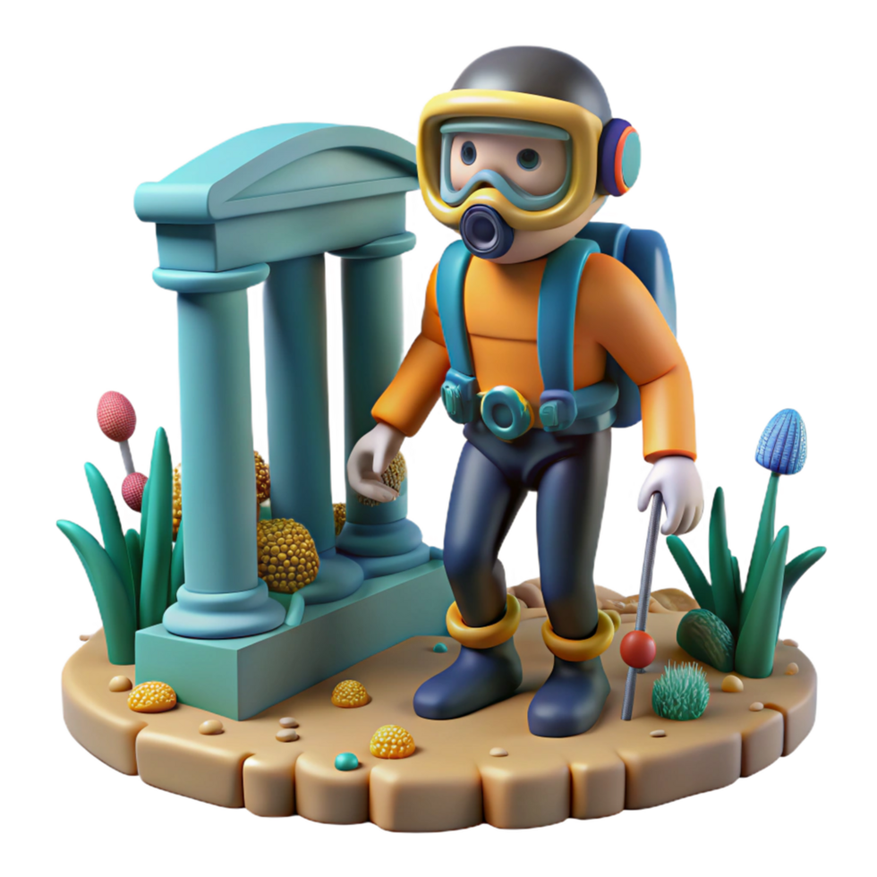 3D Render Cartoon Diver Exploring Ancient Ruins png