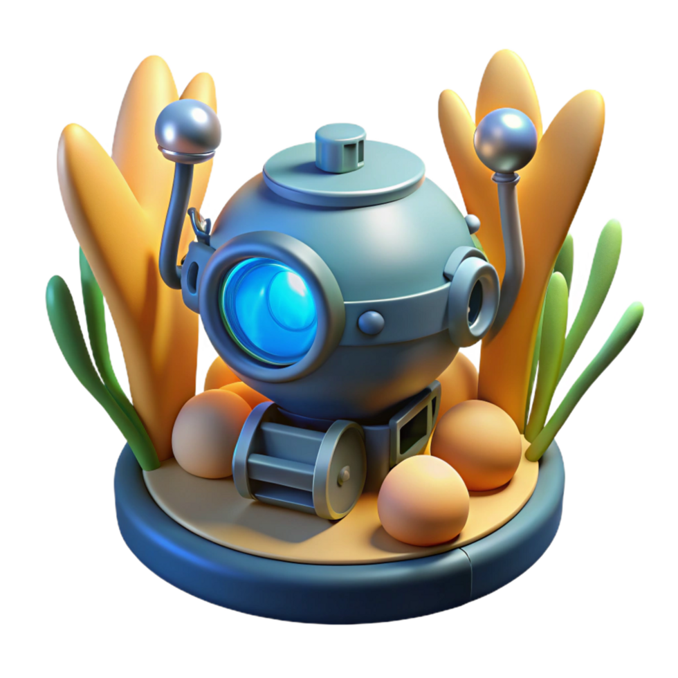 3D Illustration of a Cute Submarine in an Underwater Scene with Cartoonish Seaweed and Eggs png