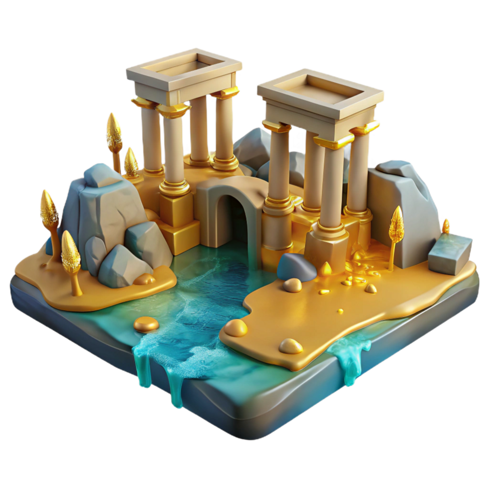Golden Temple Bridge 3D Render of Island Architecture png