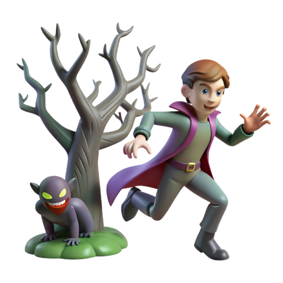 3D Illustration Boy Running from Monster near a Dead Tree png