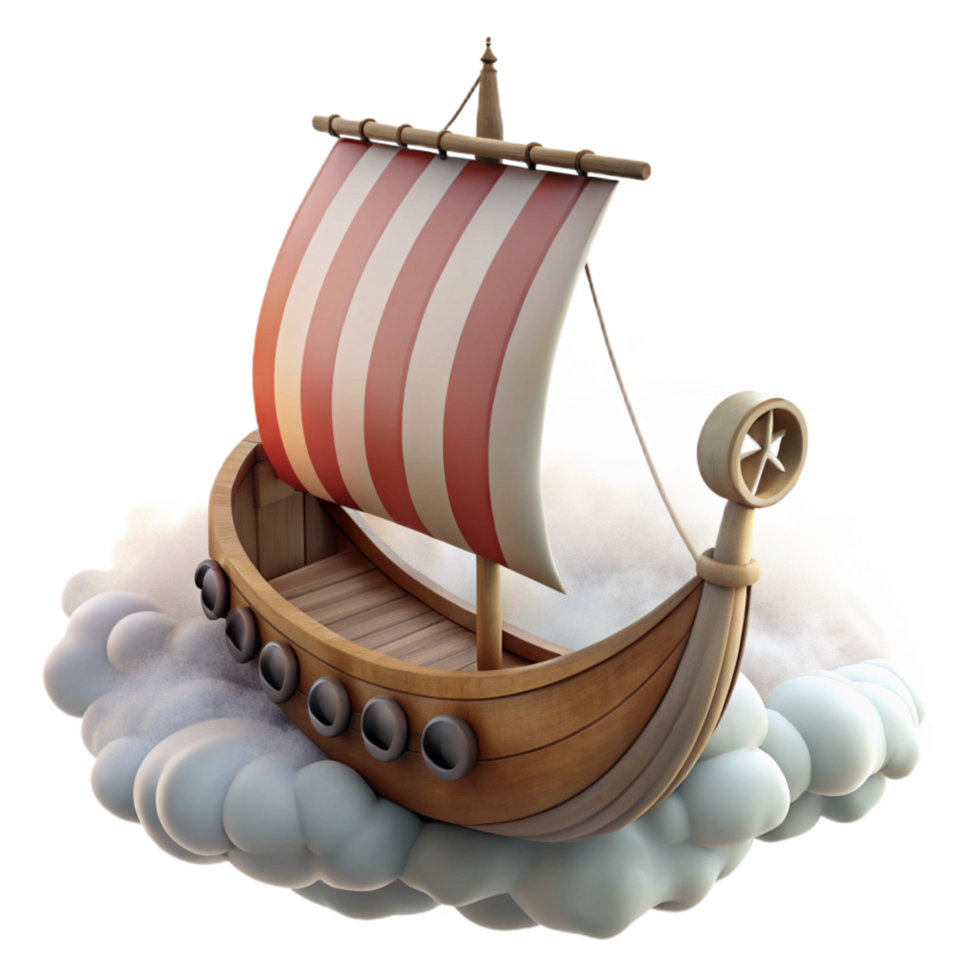 Wooden Viking Ship 3D Render on Clouds png