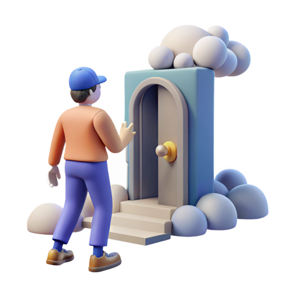 3D Illustration Cartoon Character Approaching a Doorway in a Whimsical Cloud Setting png