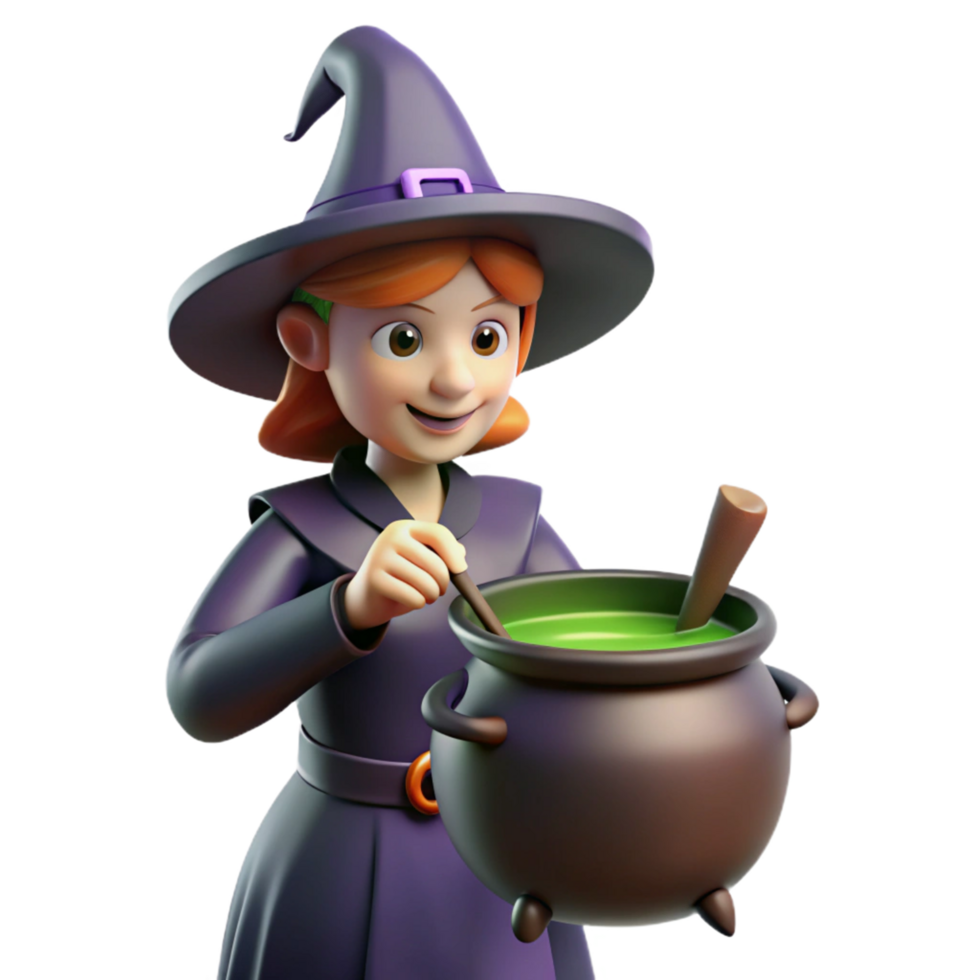 3D Render of a Young Witch Stirring a Cauldron of Green Potion png