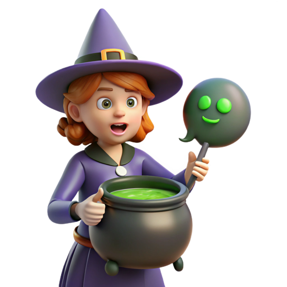 3D Render of a Cute Witch Stirring a Cauldron png