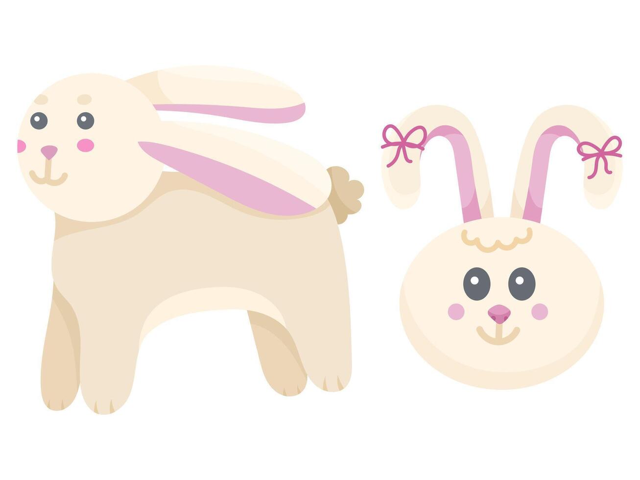 Cute cartoon bunny and face set kawaii, festive easter rabbit on white background vector